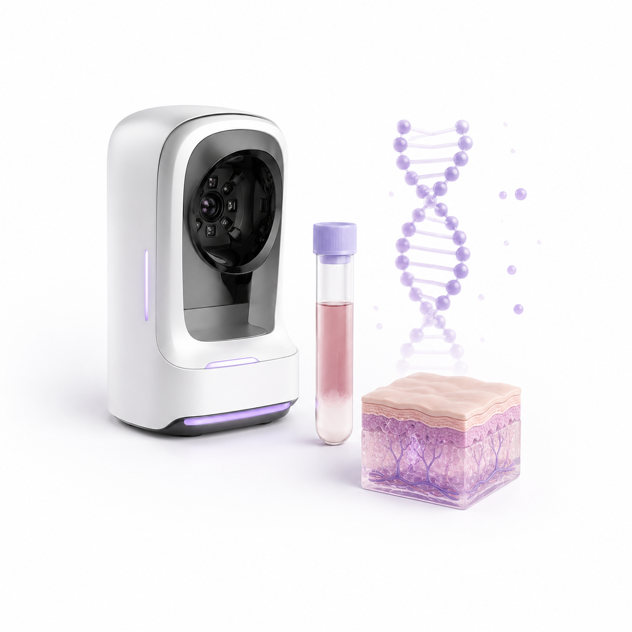Biotech diagnostic display representing AURA imaging, blood biomarkers, genetics and skin sampling