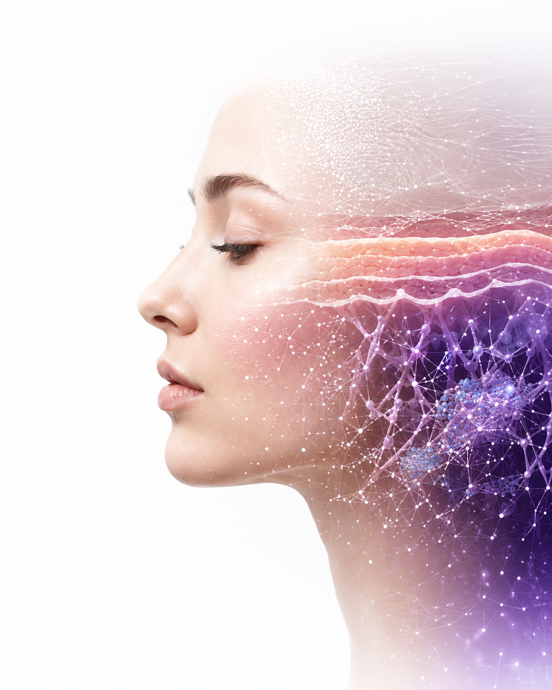 Scientific portrait with dermal network and molecular structures