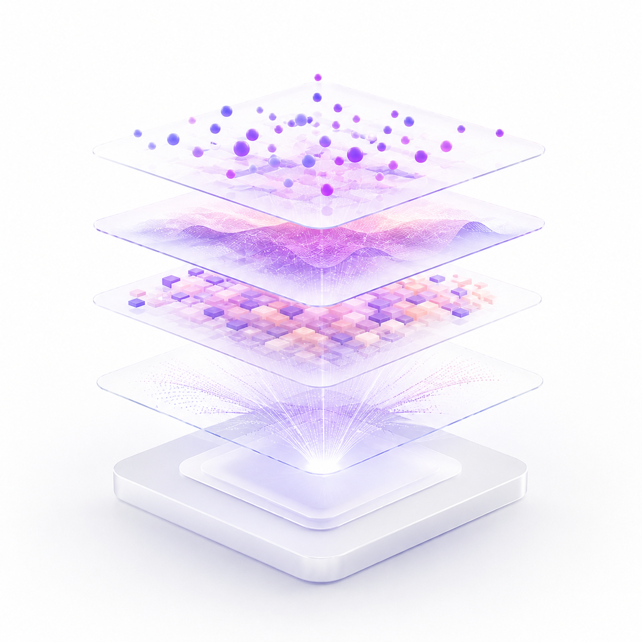 Layered pastel data cascade representing integrated biological data layers